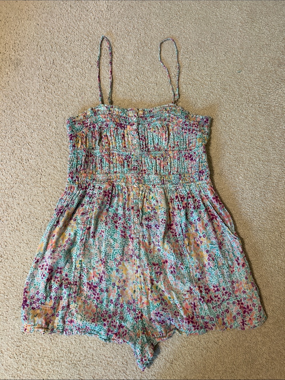 Free People Floral Smocked Romper - Mint, Pink & Yellow